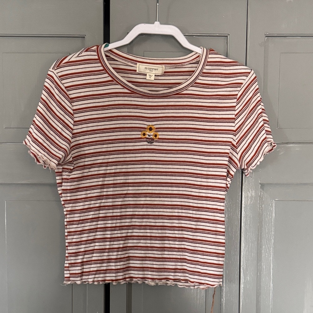 Red and White Striped Crop Top with Floral Embroidery